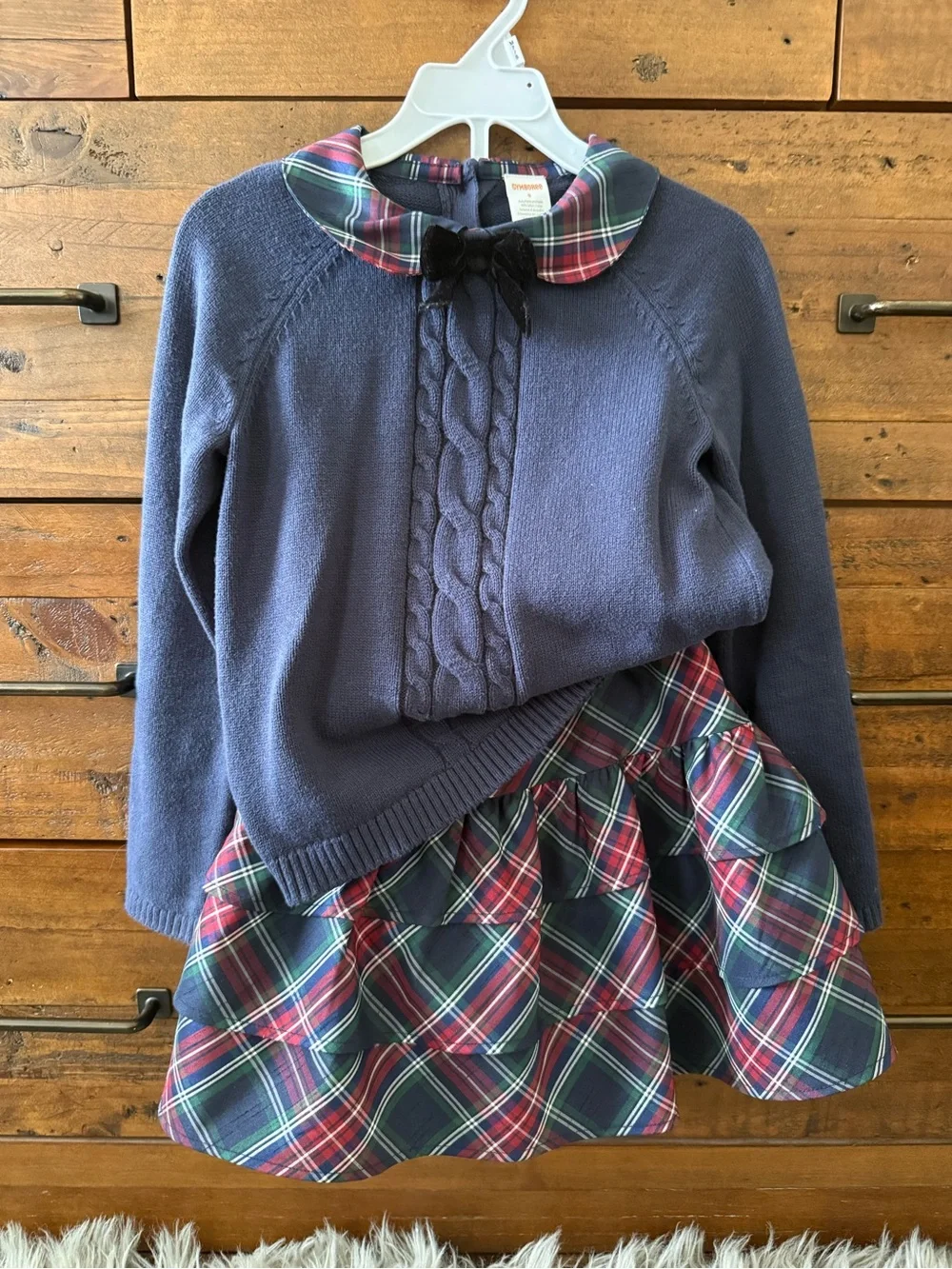 Gymboree Navy Sweater with Red & blue Plaid ruffled skirt